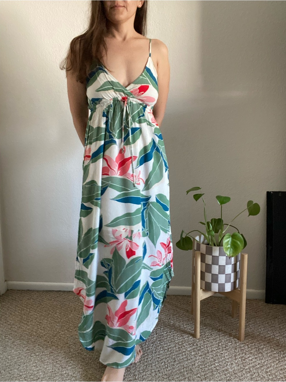 Billabong White Maxi Dress with Green and Pink Tropical Print
